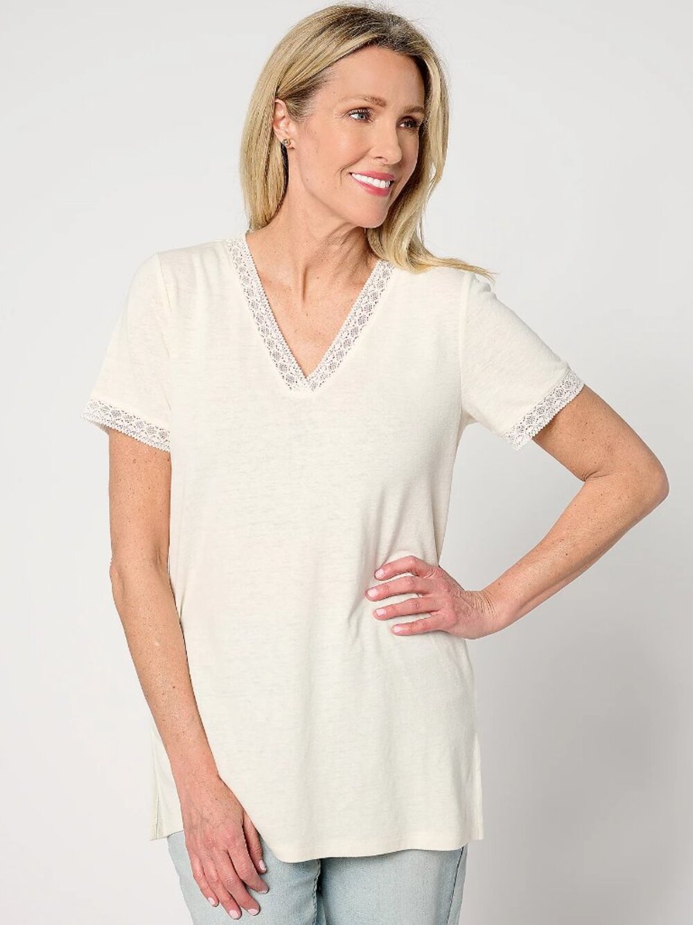 BEAUTIFUL by Lawrence Zarian The Kathy V-Neck Crochet Trim Tunic, Sz M a646295